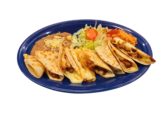 Plate of chicken quesadillas with melted cheese, served with Mexican rice, refried beans, lettuce, and tomato at Pepe’s Mexican Restaurant.